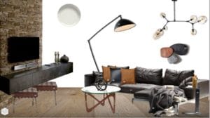 Living room Mood Board Concept with black and tan colour palette by interior designer tabata galvao