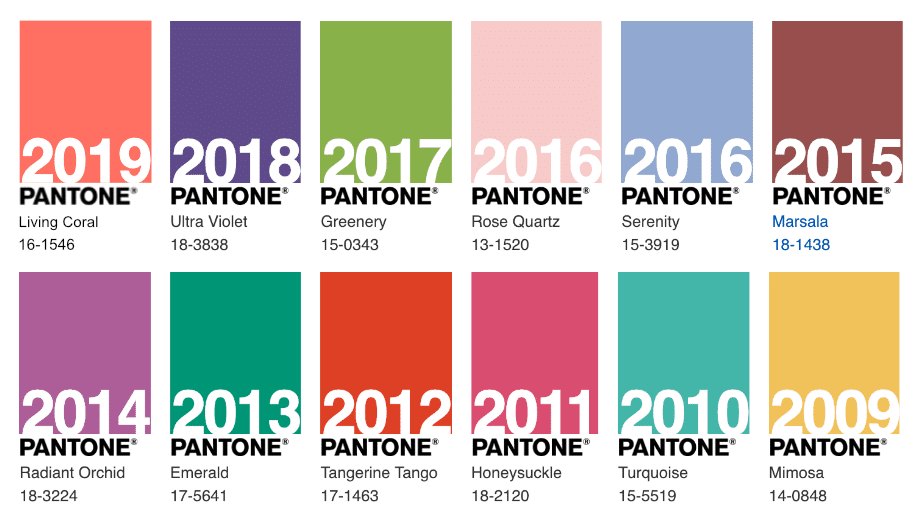 pantone colours of the year over 10 years